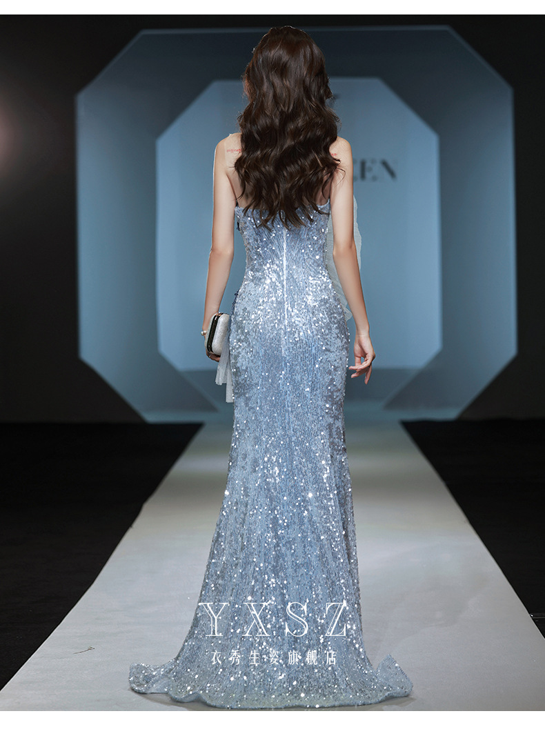 晚礼服女2022新款设计感年会主持人渐变蓝抹胸鱼尾走秀演出晚礼服