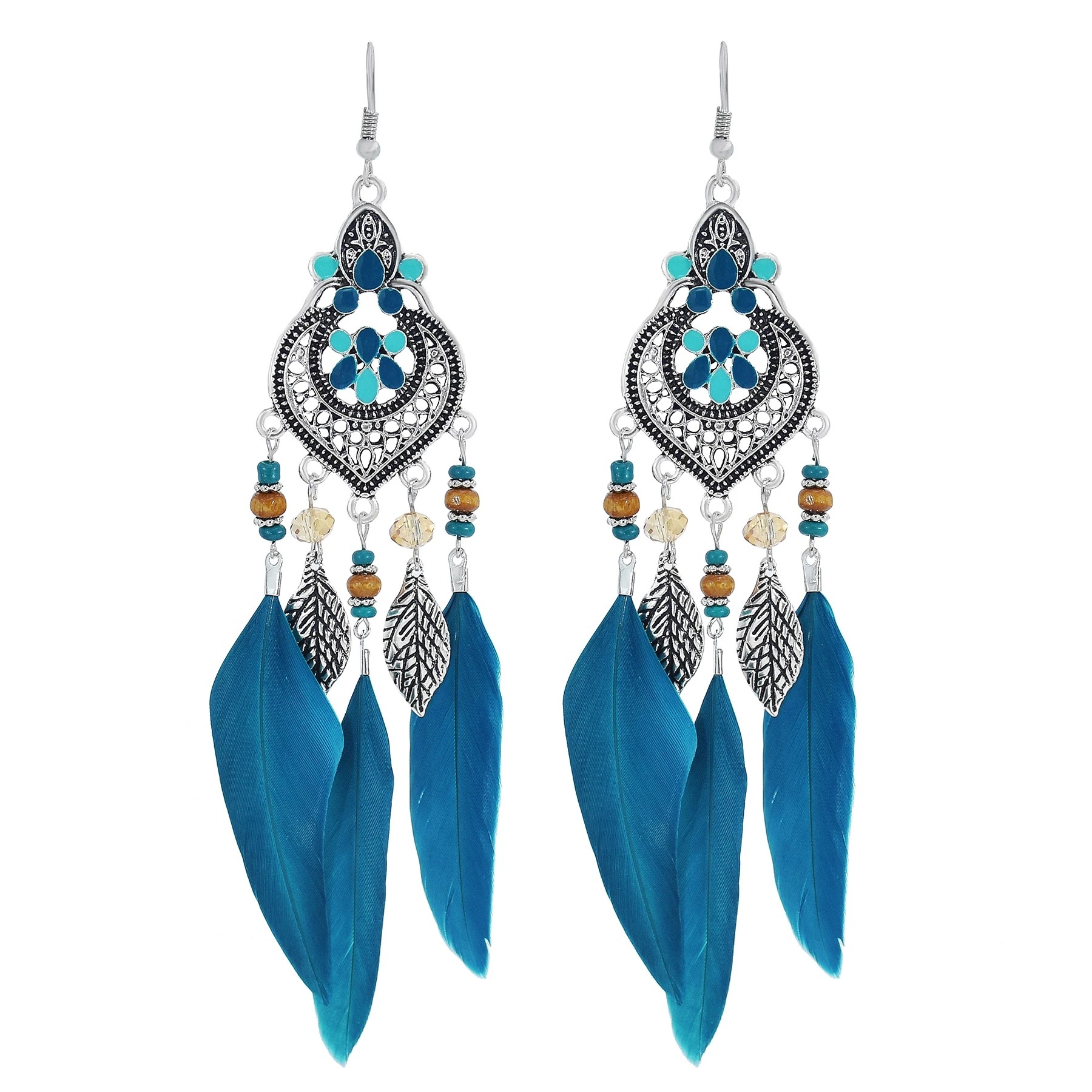 波西米亚复古彩色流苏叶子羽毛耳环 合金藏族祥云图案耳钉首饰