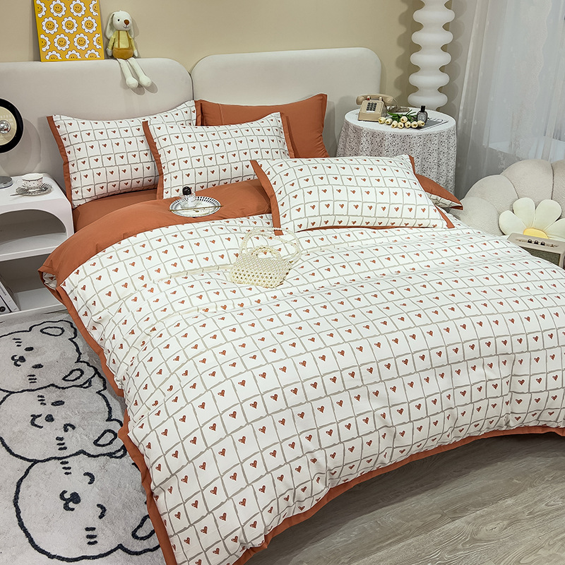 Washed Cotton Double-Layer Yarn Cotton and Linen Printed Four-Piece Bedding Set Bed Sheet Quilt Cover Bedding Four-Piece Set Gift Wholesale