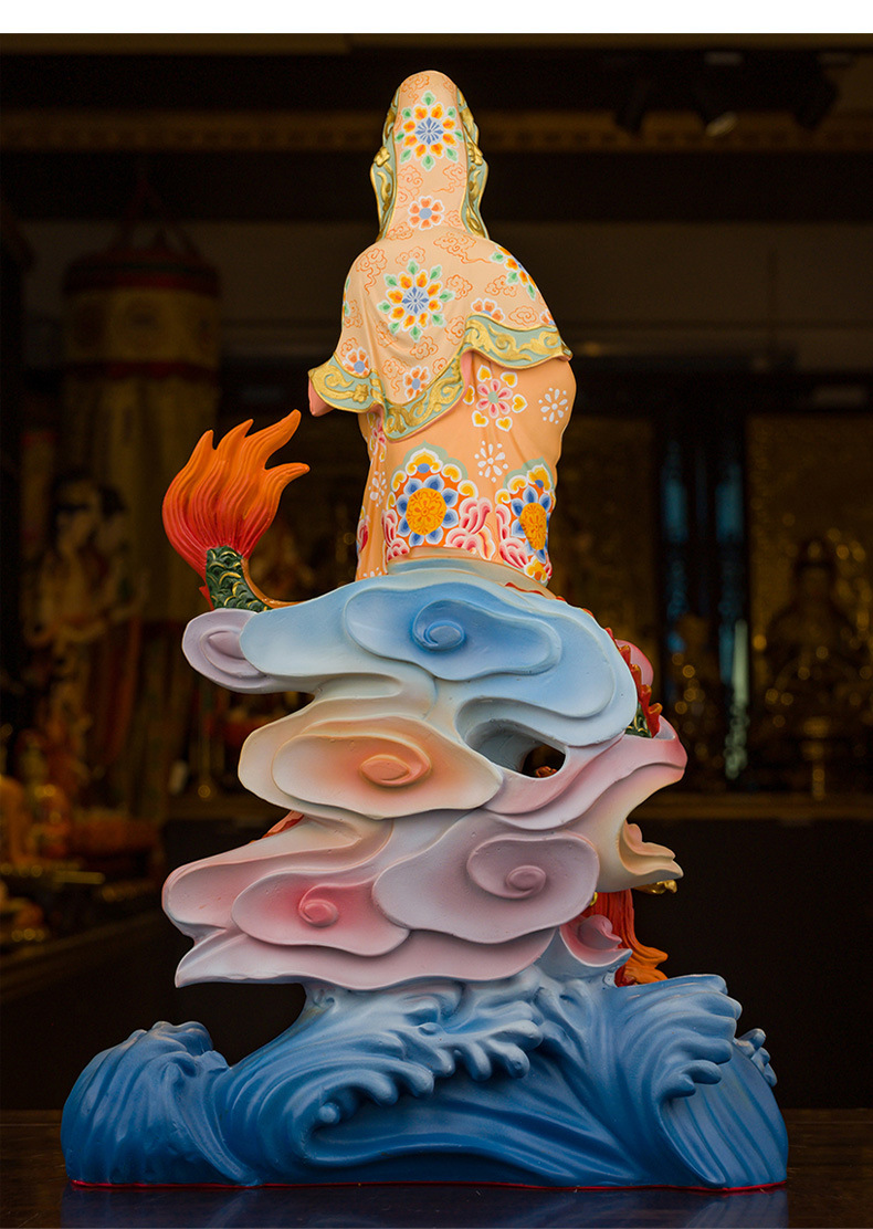 三漫陀踏龙观音站像纯铜唐彩南海普陀山观音菩萨佛像站龙观音佛像