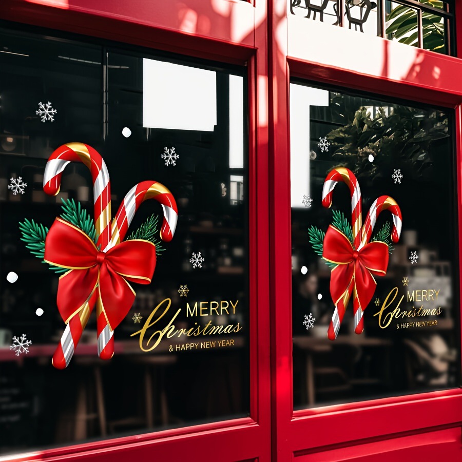 2025居杉圣诞节新款圣诞蝴蝶结拐杖糖 静电贴可移除可跨境代发