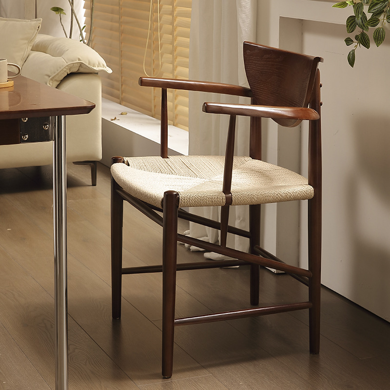 实木丹麦餐椅绳编椅新中式复古家用茶室民宿诧寂风洽谈扶手休闲椅
