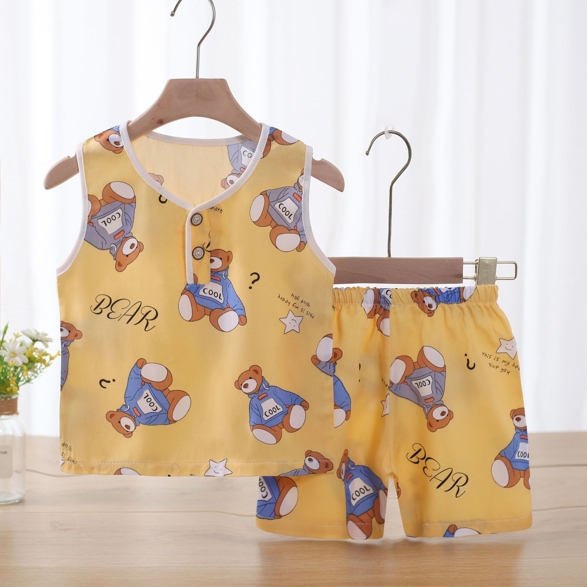 Children's Summer Cotton Silk Vest Suit Boys and Girls Cartoon Sleeveless Base Shorts Homewear Summer Baby Suit