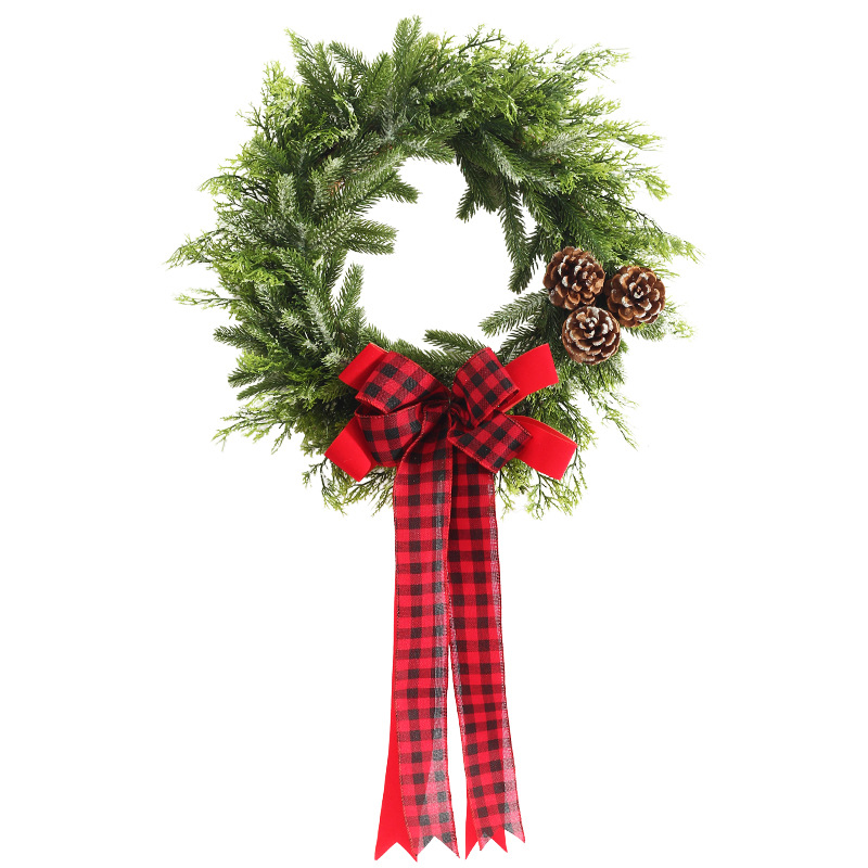 Cross-Border Amazon New Plaid Ribbon Pe Pine Cone Garland Christmas Decorations Hotel Wall Hanging Decoration Door Hanging