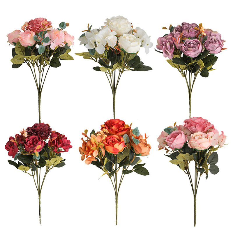 Simulation European Small Handle Bundle Fake Rose Flower Living Room Home Layout Simulation Bouquet 6 Heads Hydrangea Hibiscus Rose