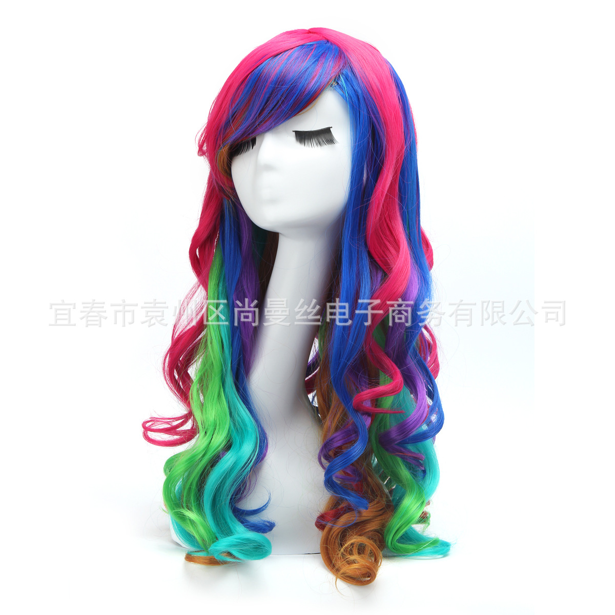 彩虹渐变色假发日系原宿绿色假发彩色外贸女长卷发斜刘海假发现货