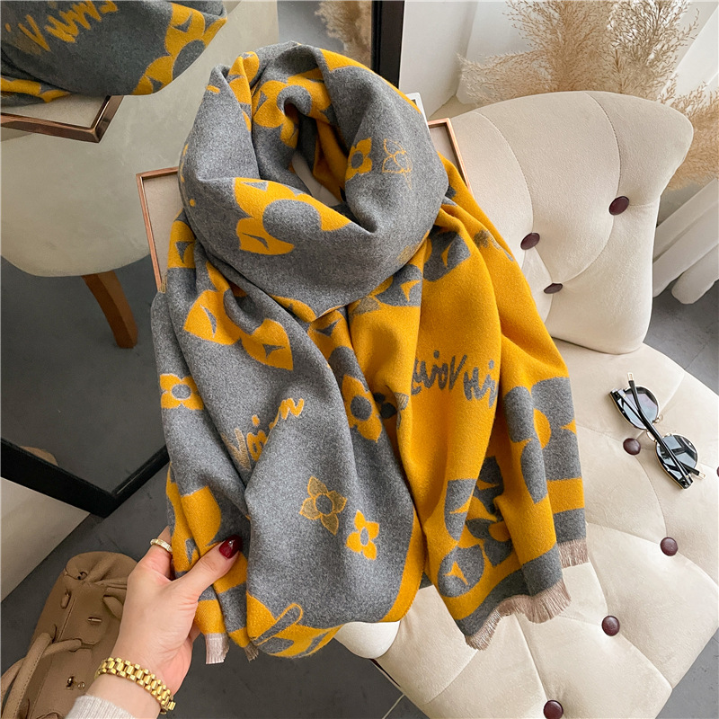 Autumn and Winter Five-Leaf Flower Artificial Cashmere Scarf Lady Style All-Matching Warm Shawl Dual-Use Winter Bib Long Shawl