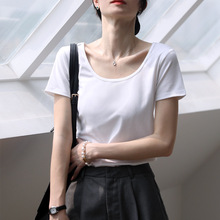 白色短袖t恤女圆领打底衫锁骨体恤低领上衣设计感黑色修身