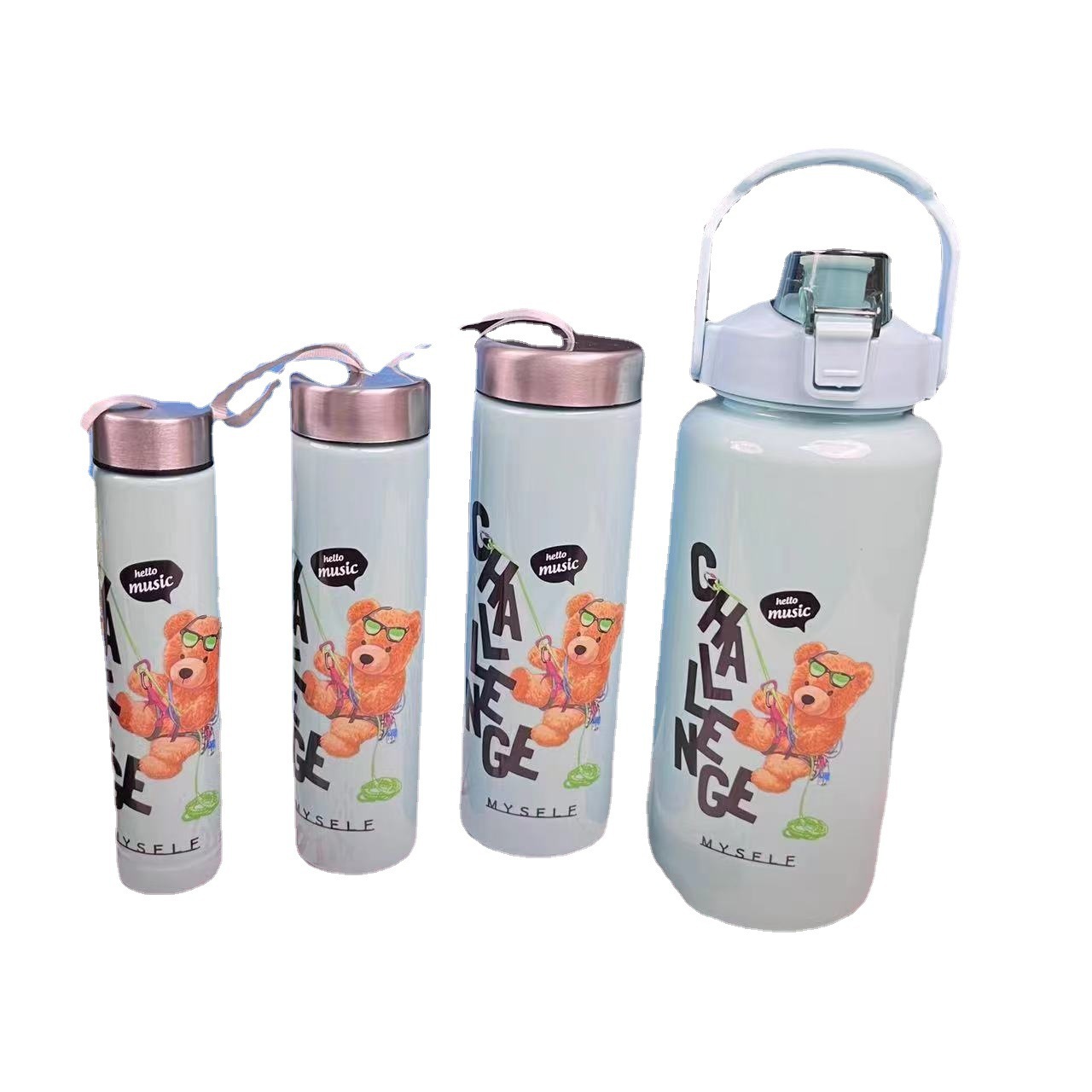 New Plastic Cup Cute Cartoon Bear Four-Piece Set Cup Straw Shake Sports Bottle Custom Printing Cup