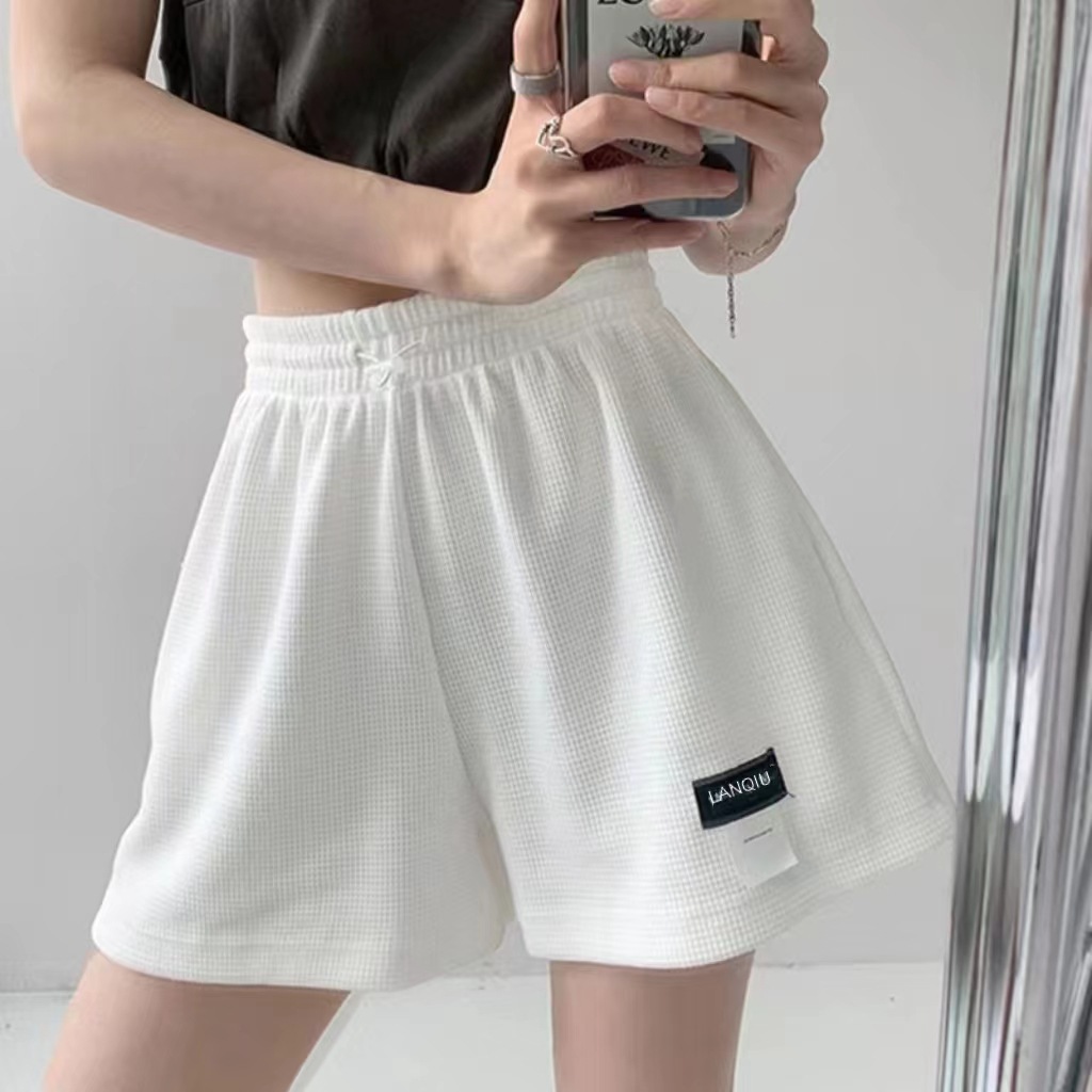 Waffle Shorts Loose Sports Shorts Women's Elastic Waist Wide Leg Hot Pants Casual Slimming High Waist Straight Home