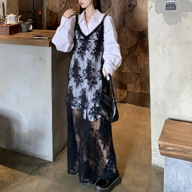 黑色透视领蕾丝吊带连衣裙女春季法式叠穿外搭中长款宽松a字裙子