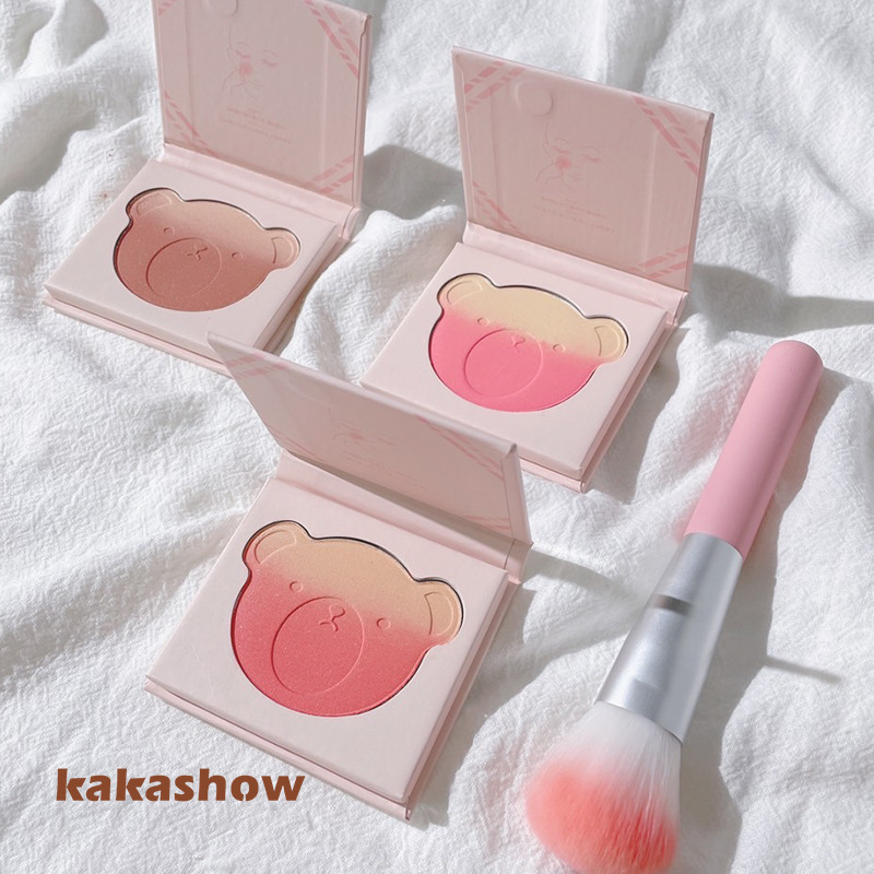 Kakashow Cute Bear Gradient Blush Contour Compact Delicate Not Easy to Fly Pink Warm Color Blush Natural Nude Makeup Blush for Women