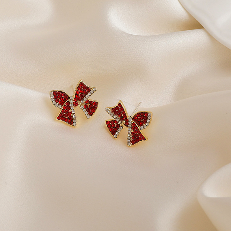 South Korea Temperament New Year Red Red Bow Stud Earrings Girl Sterling Silver Needle All-Match Earrings Female Small and Exquisite Earrings