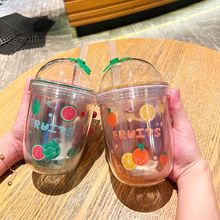 韩版卡通水果双层塑料杯吸管西瓜草莓冰淇淋奶茶杯少女大学生礼品
