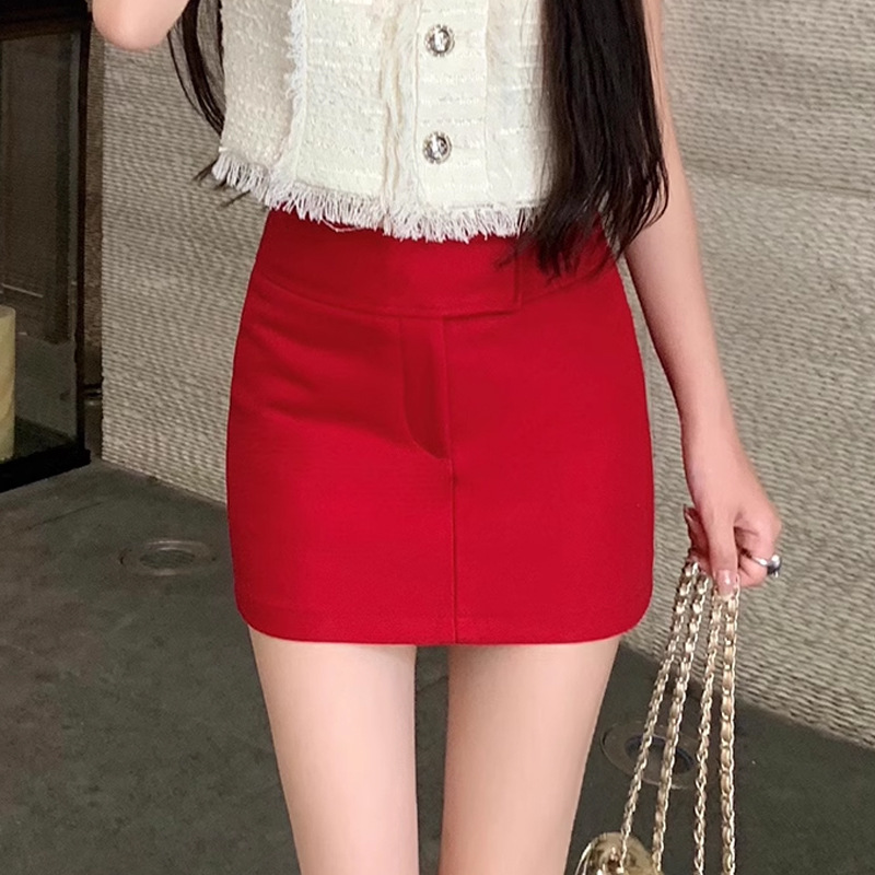 气质正红色超好质感简约百搭休闲短裙a字高腰显瘦半身裙2024夏季