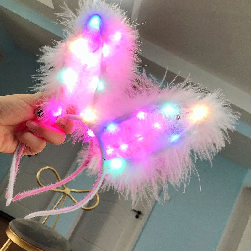 New Luminous 14 Lights Feather Rabbit Ears Lengthened Hairpin Holiday Party Performance Headdress Scenic Spot Stall Goods Wholesale