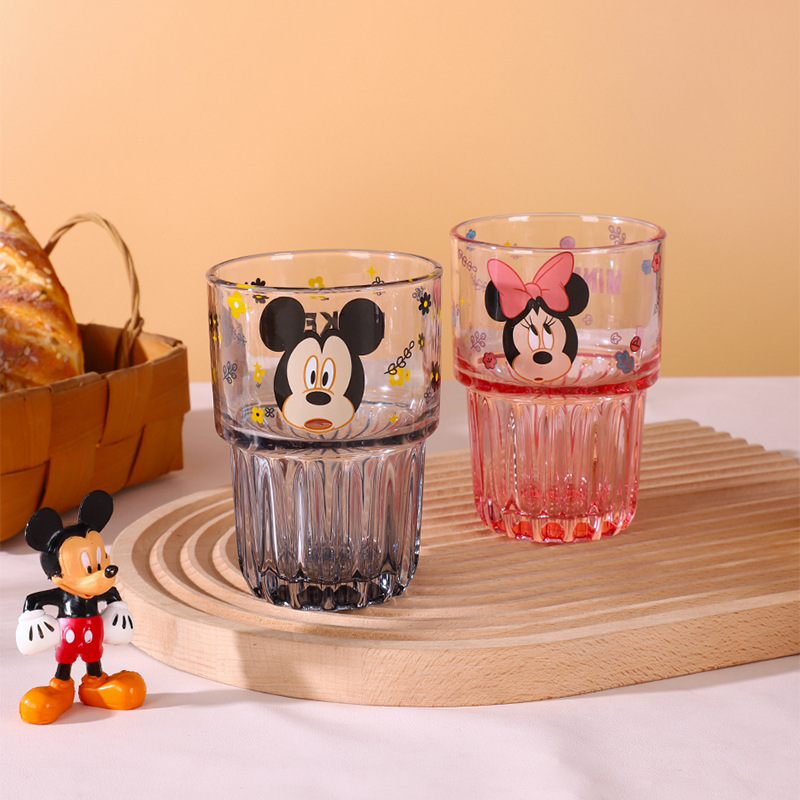 Disney Water Cup Vertical Pattern Bamboo Joint Cup Transparent Glass Ins Cup with Hand Gift Net Red Glass Water Cup Wholesale