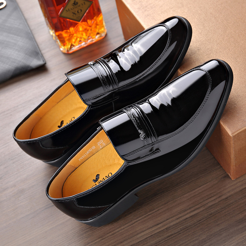 富贵鸟头层牛皮尖头亮皮漆皮男单皮鞋新款中年商务正装男装皮鞋子