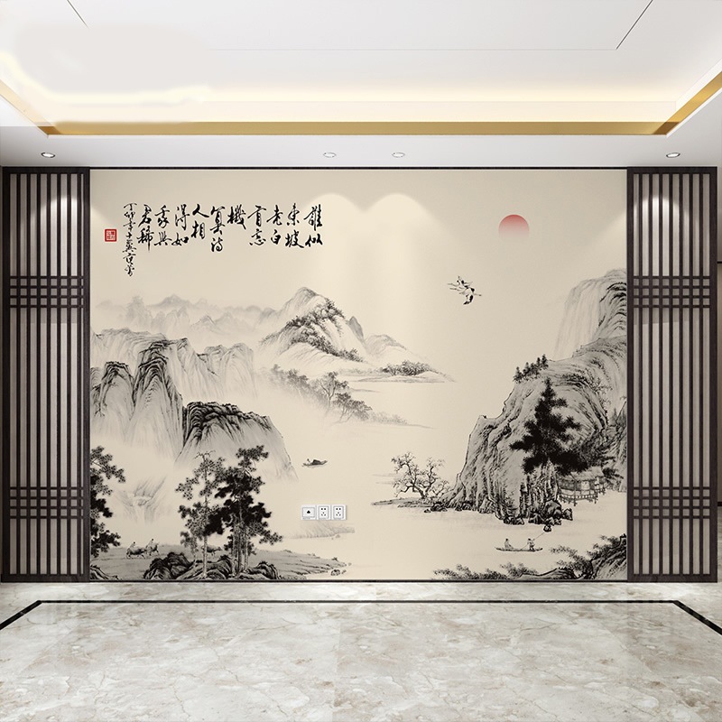 新中式客厅电视背景墙水墨山水画护墙板简约轻奢竹木纤维集成墙板