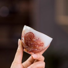 景德镇矾红龙纹鸡心杯陶瓷半手工仿古单杯个人专用主人杯高档茶杯