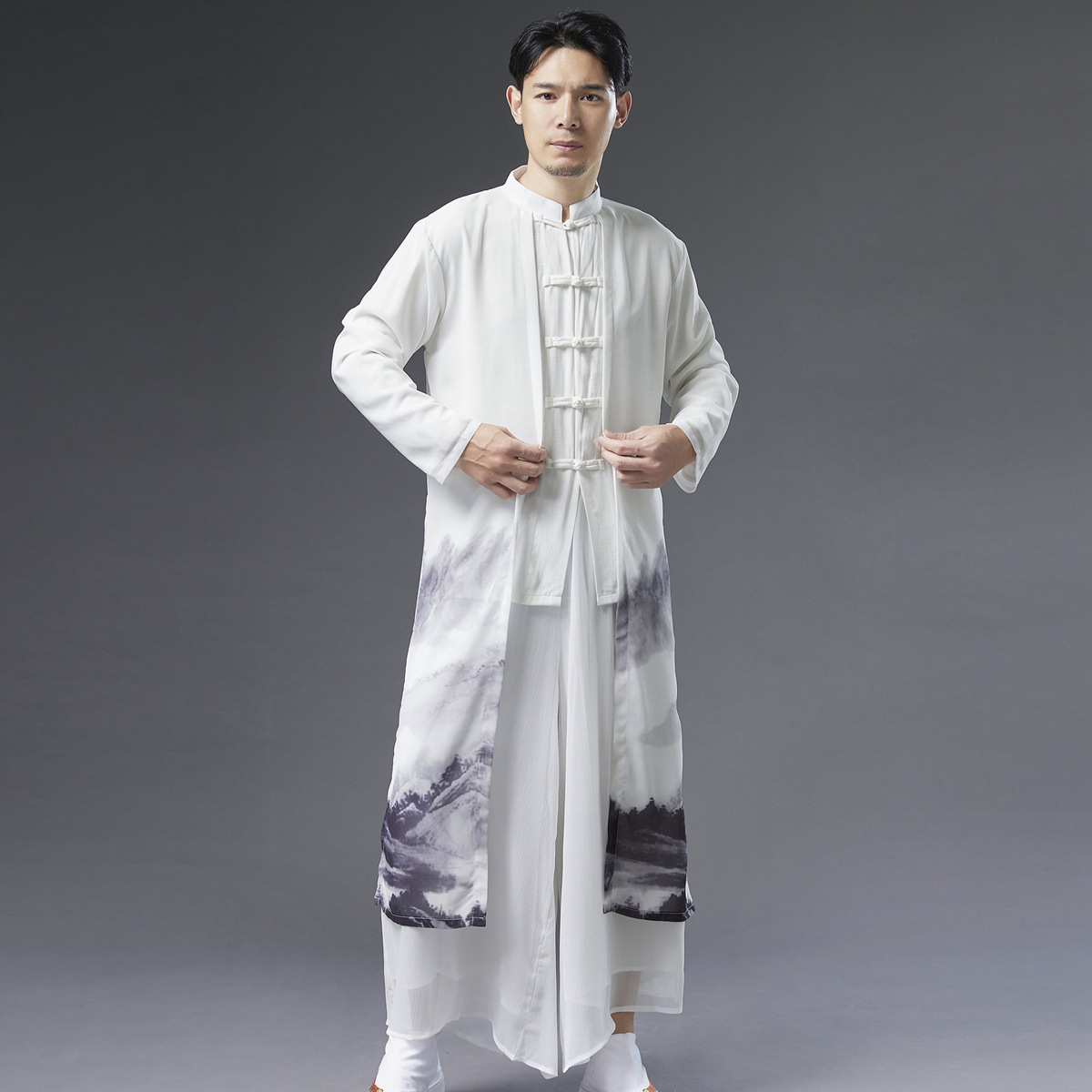 中式男装雪纺白色休闲大码唐装夏季薄款禅服男汉服仙气古风长衫男