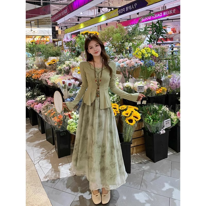 New Chinese Style Tie-Dyed Dress Women's Summer French Gentle High Waist A- line Suit Skirt Three-Piece Dress