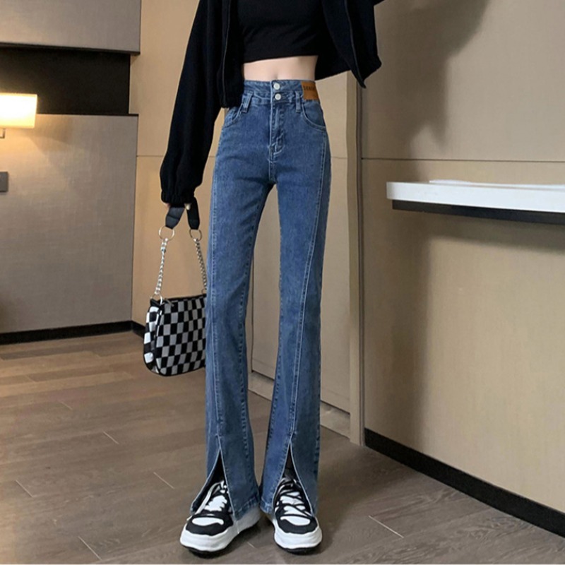 Black Slit Jeans for Women Autumn and Winter New American Small High Waist Tight Slimming Mopping Bootleg Pants Tide