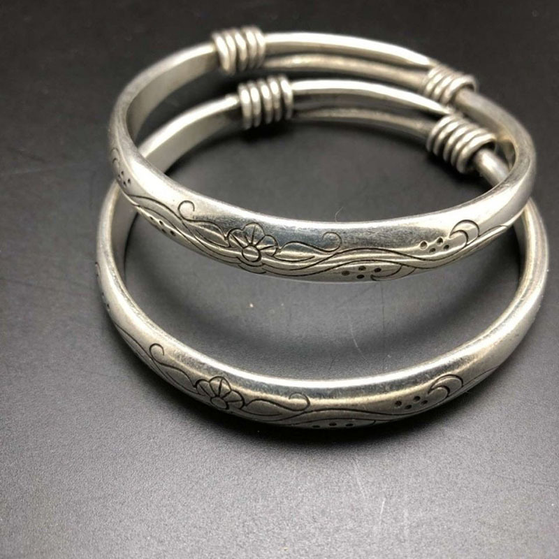 仿古做旧古玩杂项复古民族风仿古做旧藏银手镯一对金属工艺品新品