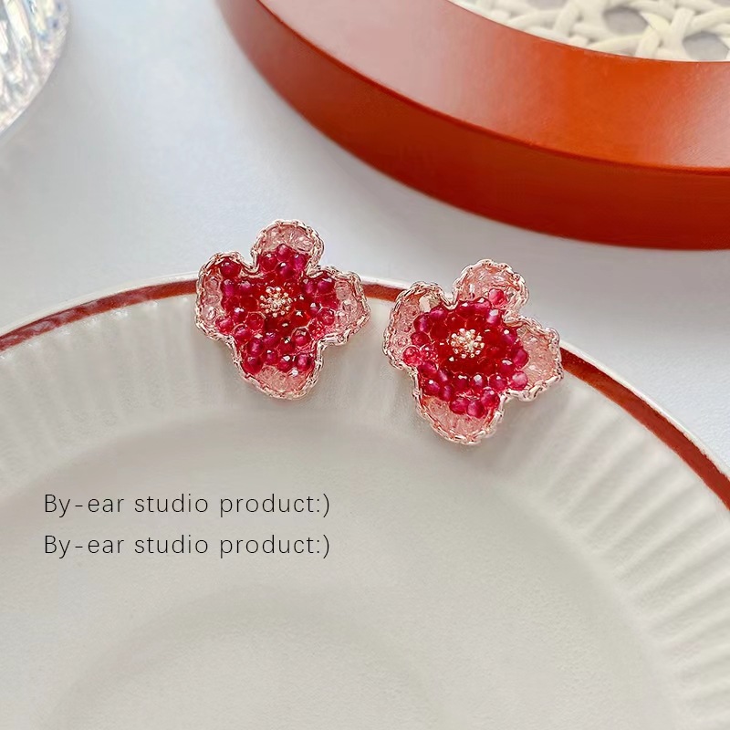 Super Fairy Oil Painting Gradient Red Flower Handmade Mori Style Ear Studs Sterling Silver Needle High-Grade Earrings