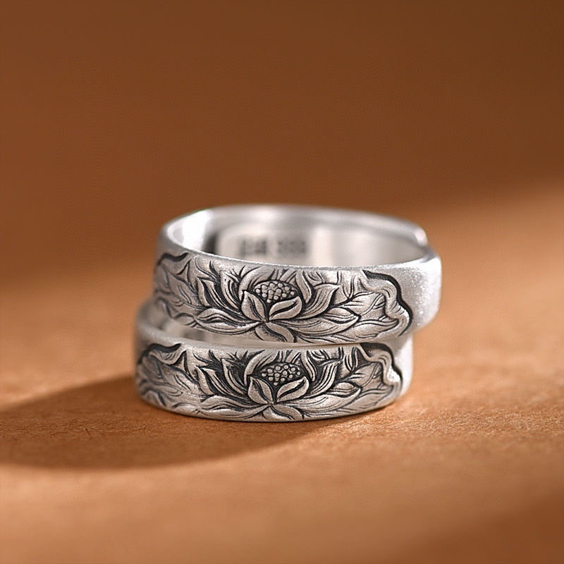 足银999纯银莲花复古戒指男女潮款情侣国风自律开口可调节一件发