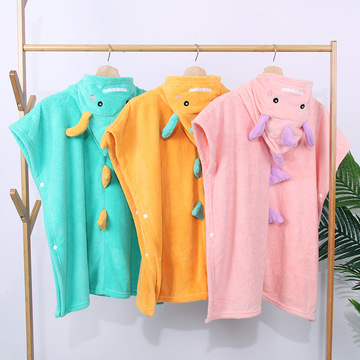珊瑚绒儿童浴巾斗篷60*60婴幼儿连帽卡通小恐龙吸水儿童浴巾浴袍