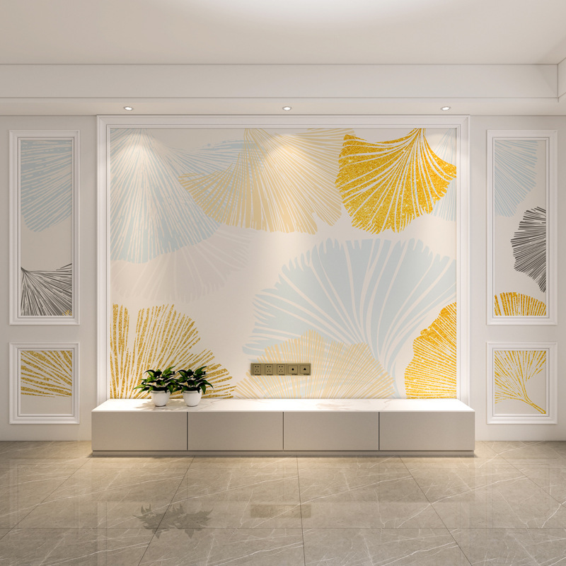 北欧电视机背景墙纸餐厅现代简约银杏叶卧室床头壁纸客厅壁画墙布