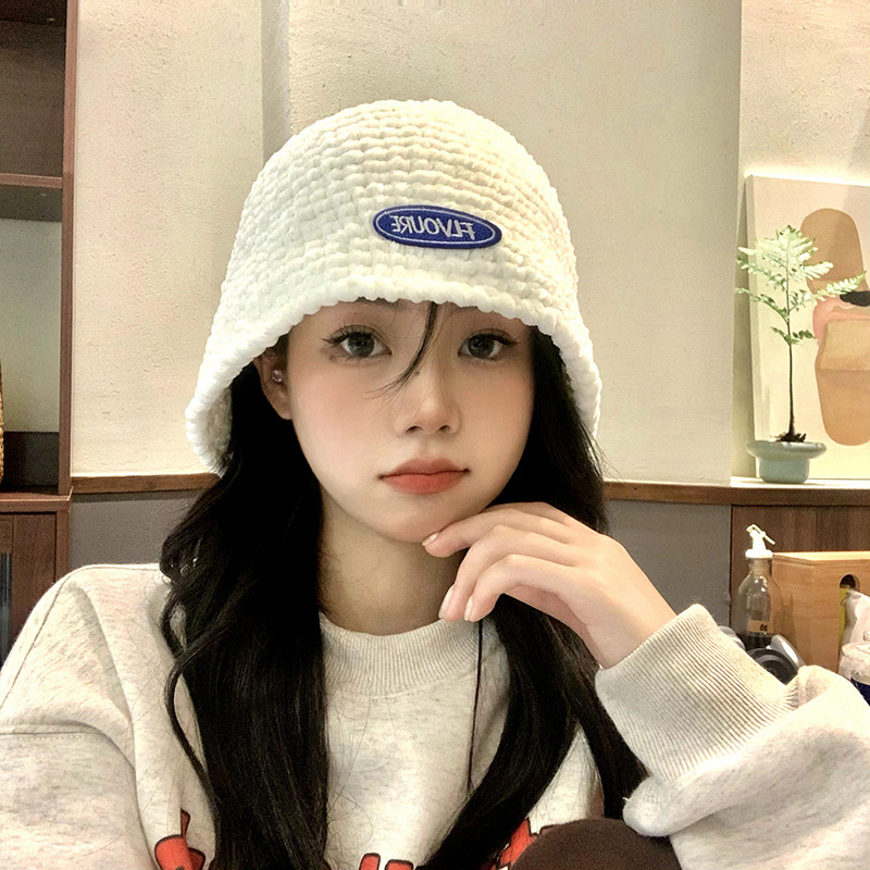 Hat Female Autumn and Winter Woolen Hat Chenille Knitted Cold Cap Big Head Circumference White Face Small Bucket Bucket Hat Winter