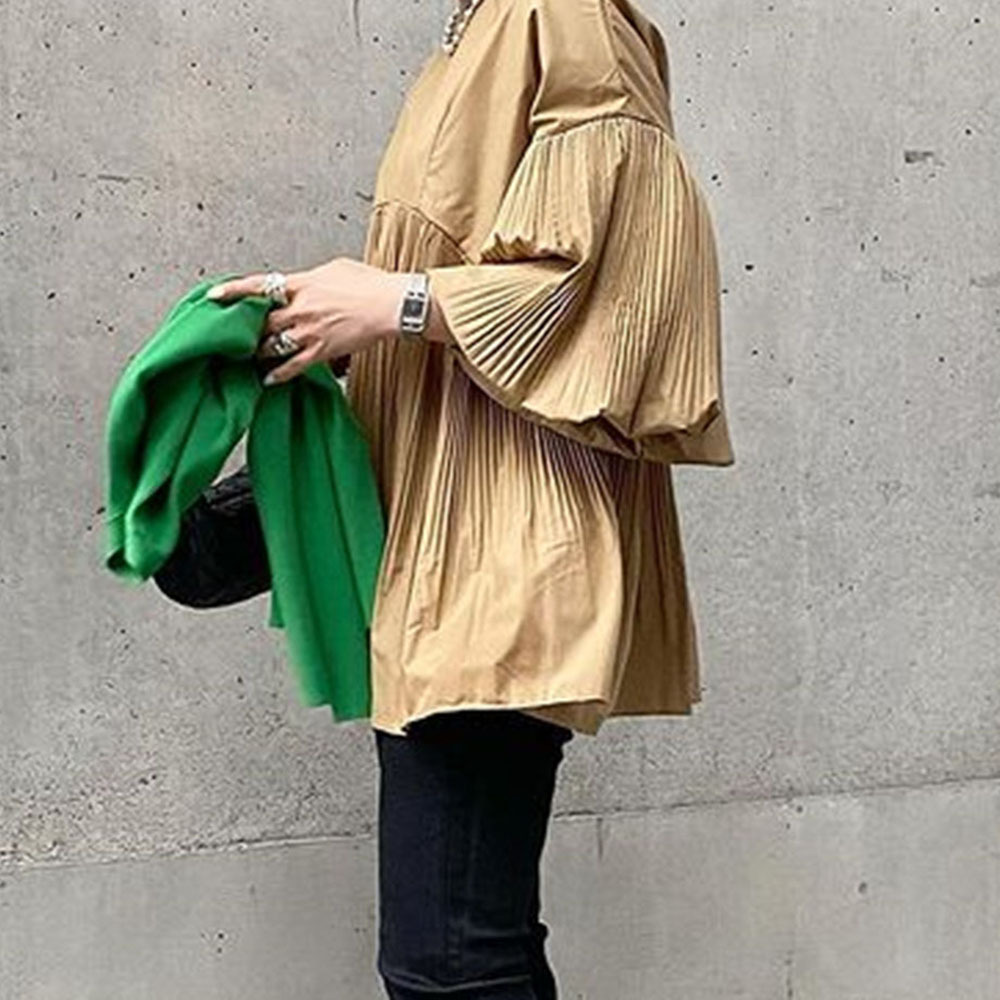 预售日本女装夏季压褶花苞袖立体褶设计a字形喇叭袖衬衣