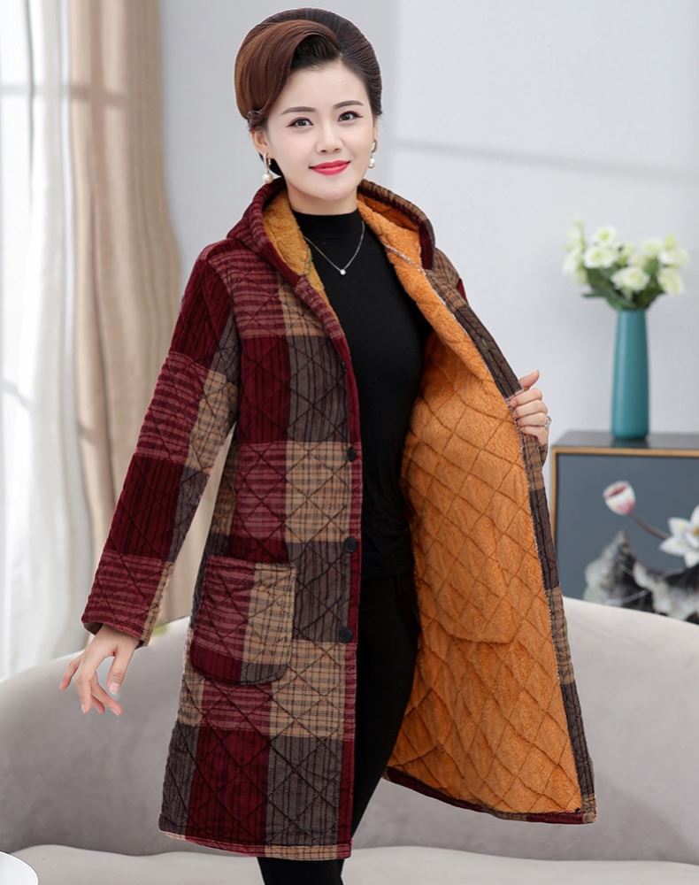 妈妈罩衣冬季加绒加厚保暖中老年棉袄工作服外套长款女式罩褂