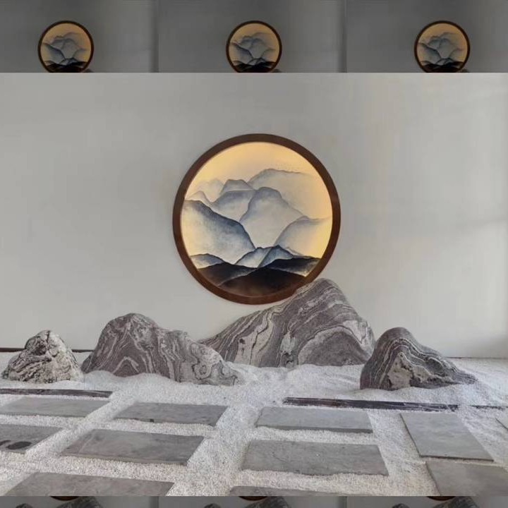 雪浪石切片组合室内枯山水假山造景设计 天然泰山石景观石厂家