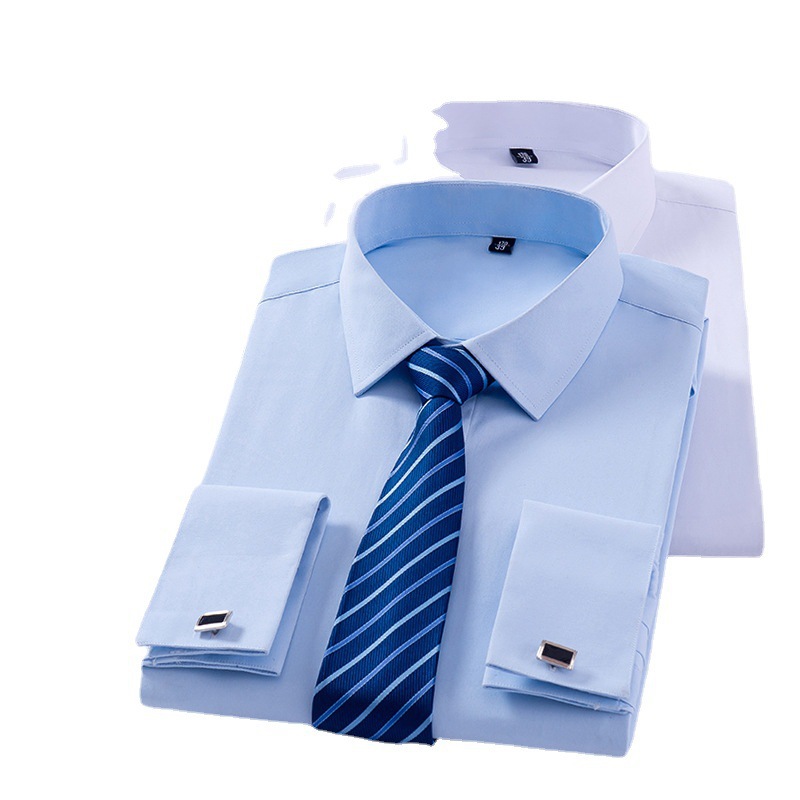 棉双袖扣法式衬衫男款 合身休闲男士衬衫 长袖方领法式衬衣男款