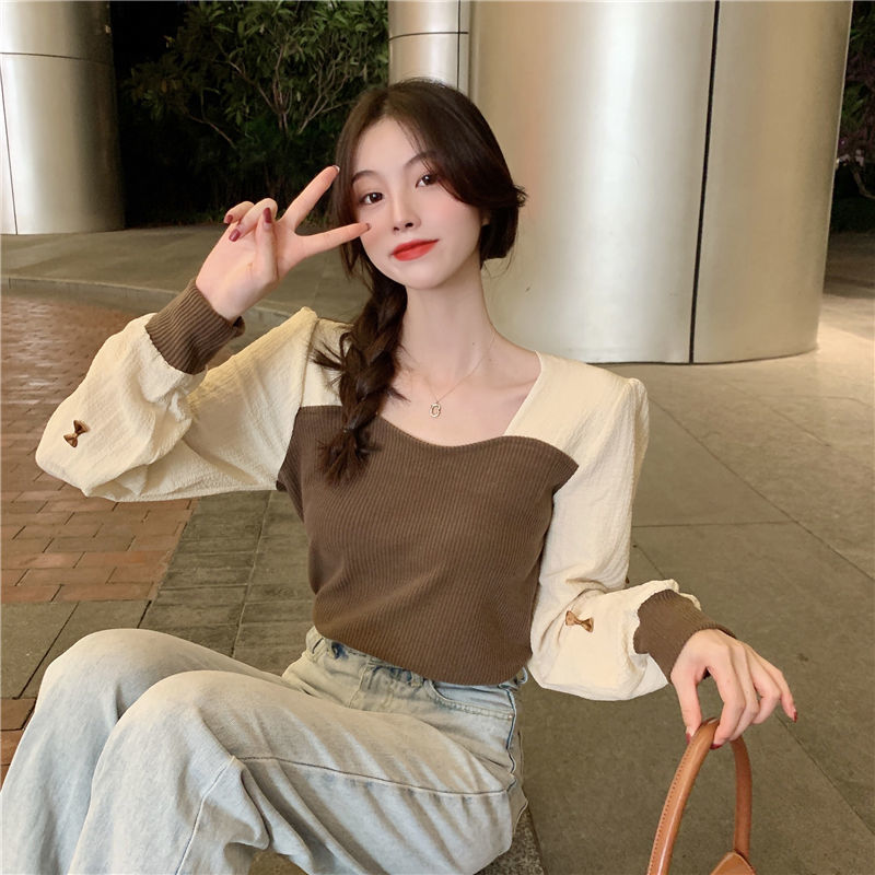 2022春秋新款纯欲风设计感潮流撞色法式方领拼接蝴蝶结长袖上衣女