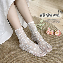 黑白色蕾丝袜子春夏季薄款网纱中筒堆堆袜甜美Lolita日系丝袜潮