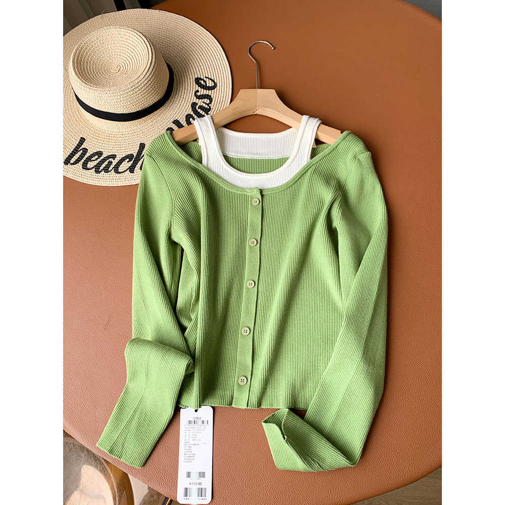 小心机设计感假两件针织衫女秋季韩版露肩合身显瘦短款上衣-阿里巴巴