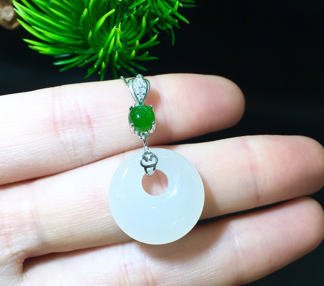 925银镶和田玉白玉圆缘平安扣吊坠碧玉点缀玉坠高高扣 礼品带证书