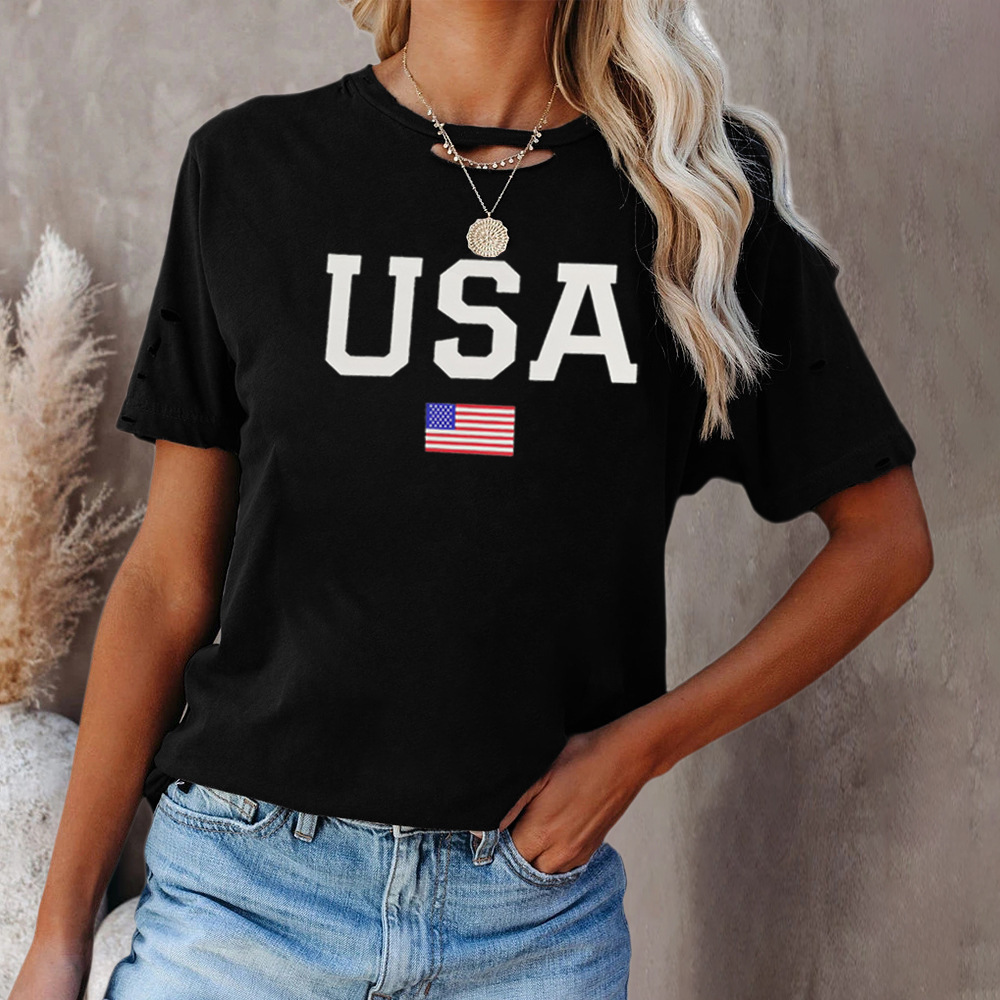 跨境电商亚马逊新款usa星条旗印花破洞女t恤
