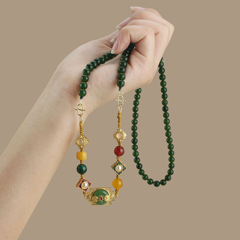 New Chinese Style French Original Design Vintage Emerald Beaded Necklace Multiple Ways to Wear Detachable Woven Bracelet for Women