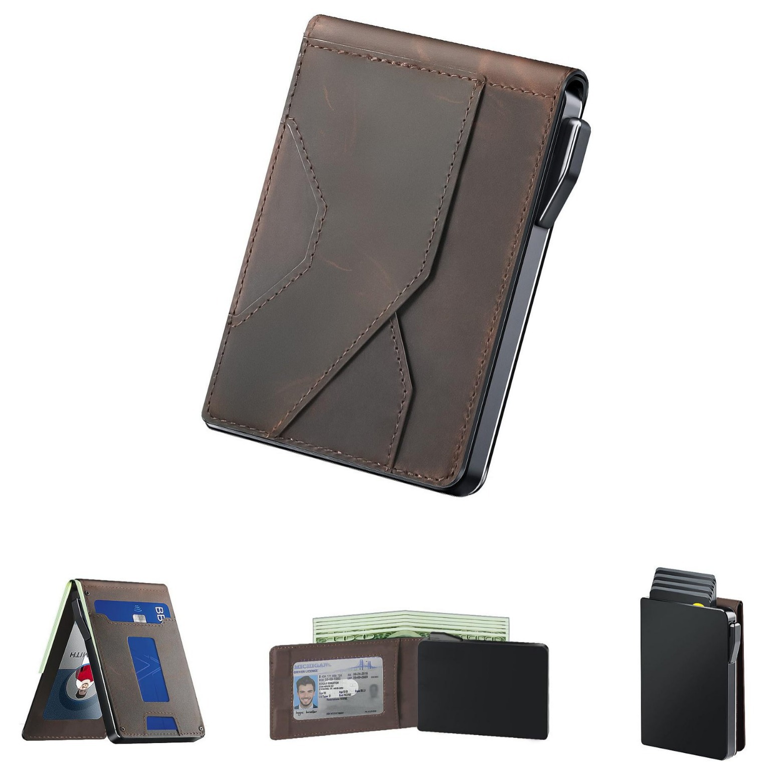 欧美新款防侵权钱包男士高级感防盗刷多功能自动弹出卡盒真皮钱包