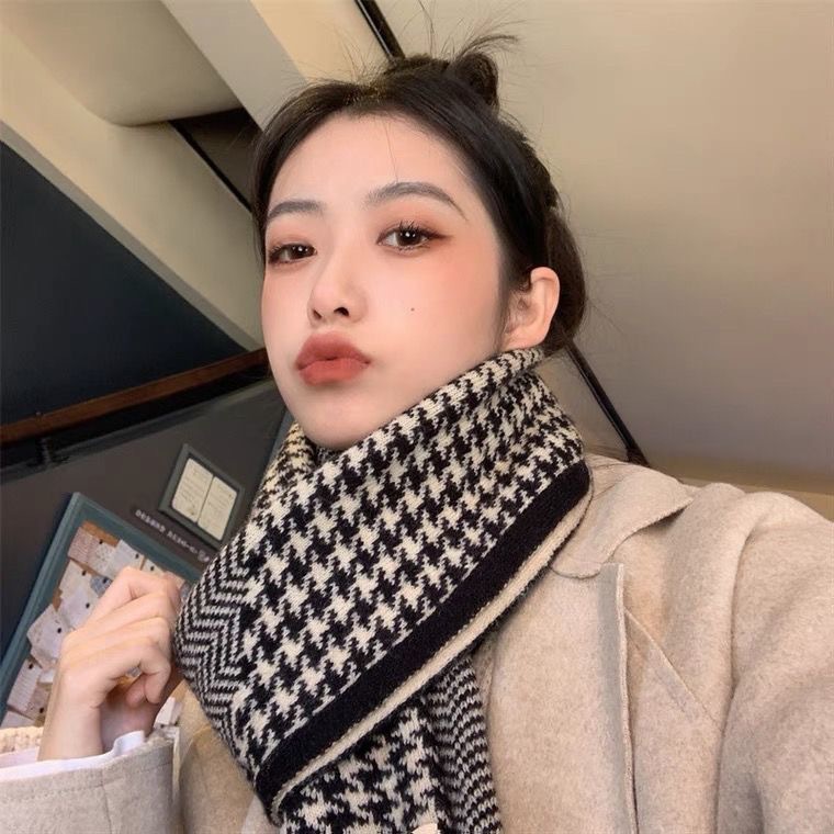 women‘s scarf winter korean style deer plush double-sided warm trendy college style knitted houndstooth scarf all-match scarf