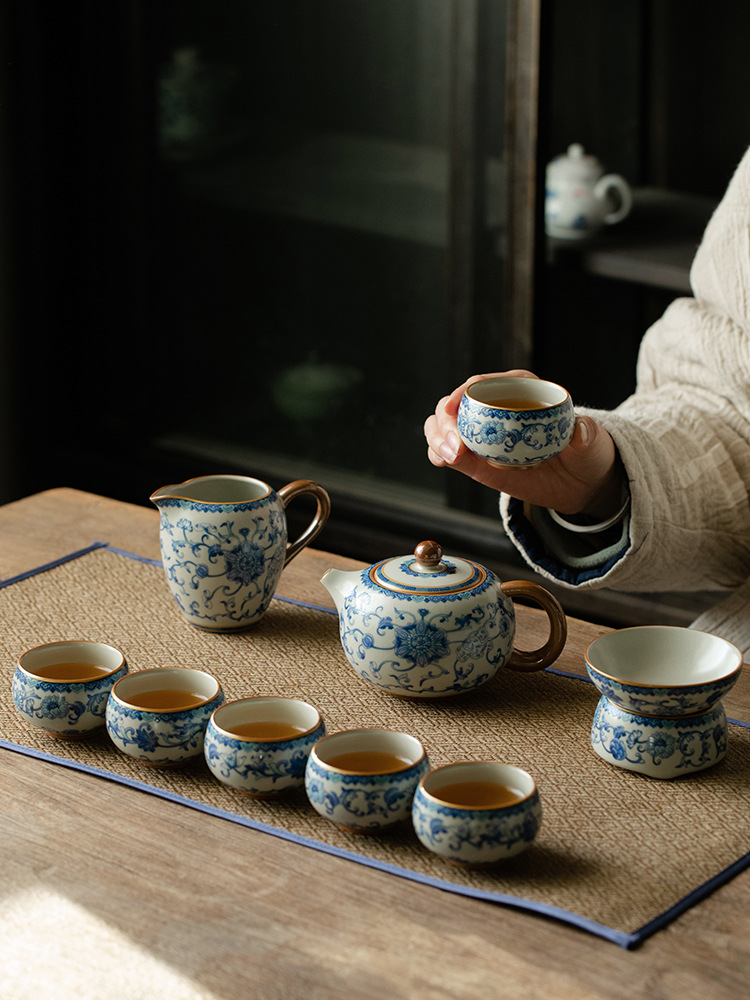 宋代缠枝莲繁花汝窑开片功夫茶具套装家用轻奢高档茶壶茶杯礼盒装