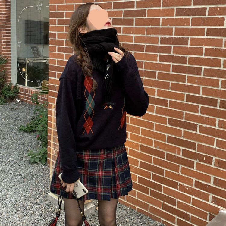 学院风苏格兰红格纹~a字短裙百搭显瘦高腰设计感百褶半身裙女新款