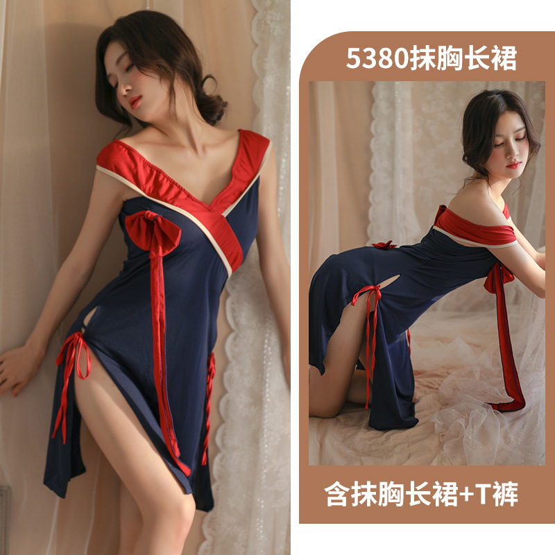 Adult Supplies New Sexy Lingerie Sexy Tube Top Cheongsam Long Dress Passion Lace-up Tassel Bow Pajamas