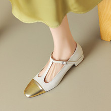 新款春新款法式T字带玛丽珍鞋银色粗跟搭扣方头浅口中跟单鞋大码