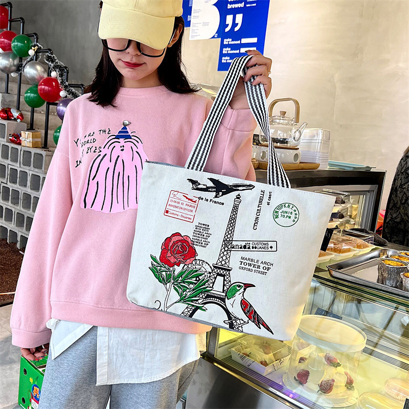 Wholesale Foreign Trade Tote Bag Artistic Fresh Shoulder Bag Female Student Make-up Bag Wholesale Printing Portable Canvas Bag Female